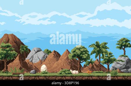 8bit pixel game mountains and hills background, vector retro 8 bit ...