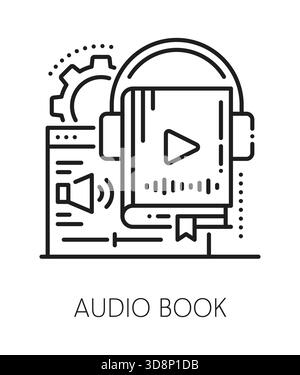 Online education web book line icon or symbol. Distance online education thin line pictogram, web course or classes vector icon. E-learning symbol with audio book, headphones and media playback button Stock Vector