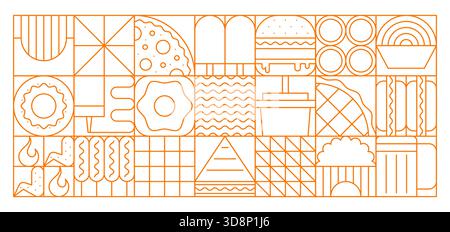 Fast food abstract geometric pattern. Vector orange grid background with linear food icons includes pizza, burger, fries, drinks, donuts, hot dogs for fastfood restaurant branding, packaging and menus Stock Vector