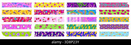 Washi tape piece strips with torn edges, decorated with vector sunglasses, hearts and flowers. Cherry fruits, music notes and planets with rainbow and banana or UFO and umbrella for washi tape Stock Vector