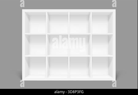 White empty bookshelf with a grid of twelve compartments. Realistic 3d vector mockup of minimalist and modern cabinet furniture for organization, storage or showcasing books and decorative items Stock Vector