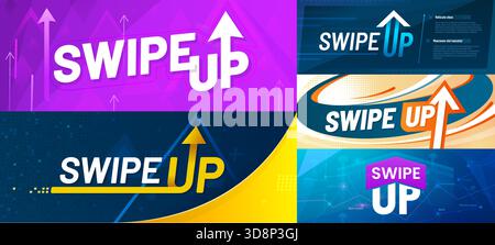 Swipe up banners with vector arrow symbols. Swipe, scroll or drag up call to action social media post templates with modern arrow shapes, abstract graphs, halftone and pixel pattern background Stock Vector
