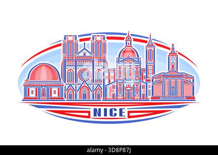 Vector illustration of Nice, horizontal decorative sign with linear design famous nice city scape on day sky background, urban patriotic line art conc Stock Vector
