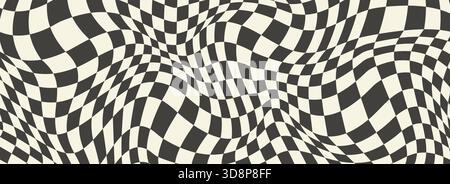 Trippy psychedelic checkerboard background. Retro checkered wallpaper. Wavy groovy chessboard surface. Distorted geometric grid chess pattern. Abstract old deformed flag backdrop. Vector Stock Vector