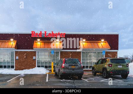 New Hartford, NY - Nov 27, 2025: Night view of Red Lobster building exterior in winter—snowfall, accessible, branded, and ready for new year dine-in Stock Photo
