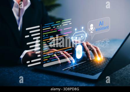 AI assistant for coding. Businessman using automation on laptop, showcasing chatbot technology, virtual assistant, and smart algorithm for digital tra Stock Photo