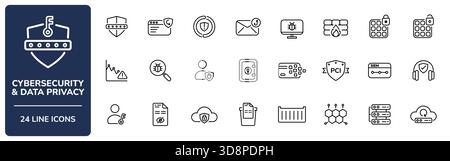 Cybersecurity and Data Privacy Line Icon Set with Editable Stroke. Collection of Zero Trust, SIEM, SOC, PII, PCI compliance, 2FA, data encryption Stock Vector