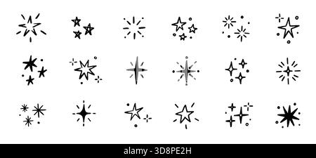 Hand drawn star spark doodle element icon set. Star shape twinkle glitter spark shine crayon grunge brush line icons. Hand drawn sketch doodle style. Light decoration background vector illustration Stock Vector