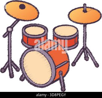 Illustration of a classic acoustic drum set featuring bass drum snare toms hi hat and crash cymbal on stands. Stock Vector