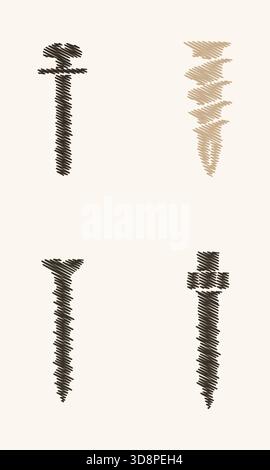 Selection of different screws displayed upright including wood and machine types. Stock Vector