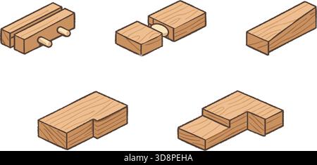Collection of small wooden joinery pieces in different shapes for carpentry practice. Stock Vector