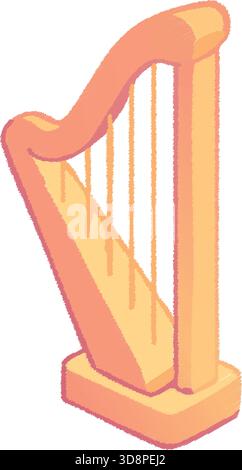 Elegant tall wooden harp with curved pillar and many strings. Stock Vector