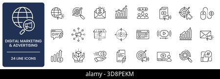 Digital Marketing and Advertising Line Icon Set with Editable Stroke. Collection of SEO, PPC, analytics, campaign, conversion, lead generation Stock Vector