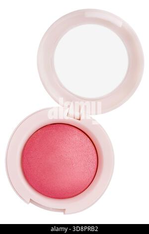 Coral pink color shiny blush in plastic opened box isolated over white Stock Photo
