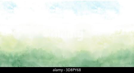 A summer or spring rural landscape with hills under blue sky and clouds. Digital watercolor illustration. Seamless background border, view of foliage Stock Photo