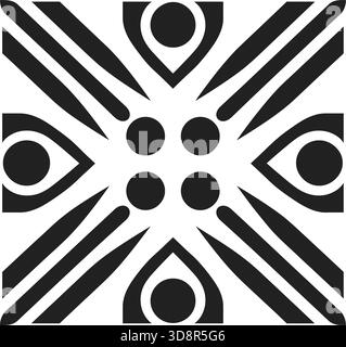 A stylized black and white design features four eyes and various geometric shapes, including lines, circles, and a central group of circles. Stock Vector