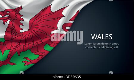Wales realistic waving flag on dark background with elegant folds and lighting Stock Vector