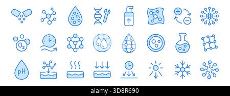 Skincare line icon set. DNA repair, liposome, airless pump cream bottle, cryo technology minimal vector illustrations. Simple outline signs for Stock Vector