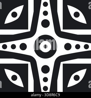 Stylized graphic features a black square with a cross shape made of lines and dots. There are also four stylized eye designs within small squares. Stock Vector