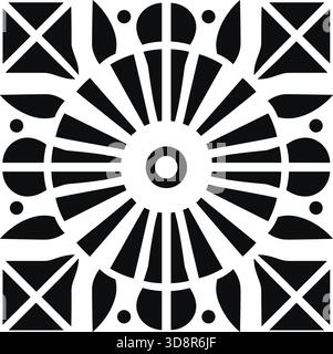 Geometric design shows a square with a central, radiating sunburst. Shapes like circles, dots, triangles, and squares surround the sunburst. Stock Vector