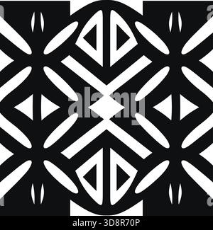 A symmetrical geometric pattern features triangles and oval shapes in a black and white contrast. It's a repeating, tile-like design. Stock Vector