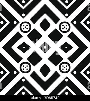 A geometric design with black angled lines, squares, diamonds, and circles with dots, all on a white background, creating an abstract pattern. Stock Vector