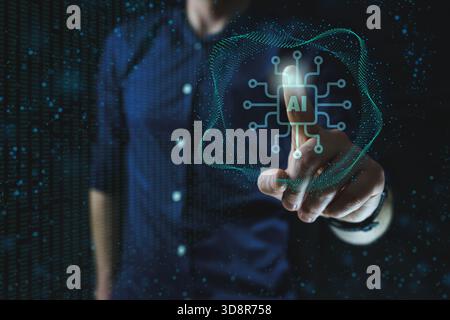 Hand touching digital artificial intelligence hologram interface on dark background. AI technology concept Stock Photo