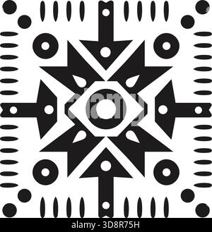 A complex black and white design features a circular center and arrow shapes, surrounded by dots and dashes along the borders. Stock Vector