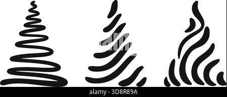 Black silhouettes of festive Christmas trees. Set of creative New Years trees. Modern fir trees for designing cards, invitations, and greeting cards. Stock Vector