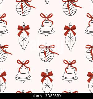 A cheerful design showcasing hand-drawn bells and ornaments with red ribbons against a soft light background. Perfect for holiday cards or wrapping pa Stock Vector