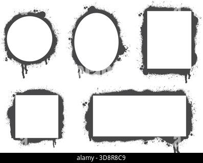 Grunge ink spray frame set. Square, circle, oval and rectangular shapes for design. Blank black paint explosion templates. Empty border, vector Stock Vector