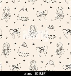 This design features a playful pattern of winter hats, candy canes, and bows in black line art on a soft light background, perfect for holiday decorat Stock Vector