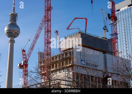 Construction site of the Covivio high-rise building in the foreground,  in the vicinity of Alexanderplatz in Berlin, mixed use of apartments, offices, Stock Photo