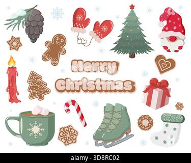 Festive Christmas illustration featuring Merry Christmas in gingerbread-style lettering, surrounded by holiday icons tree, mittens, gnome Stock Vector