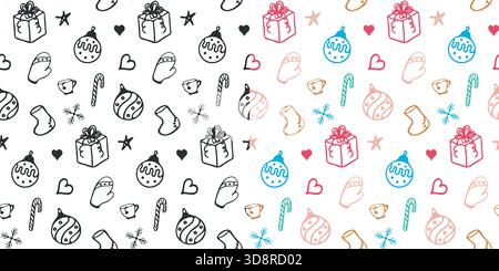 Winter holiday seamless pattern. Outline isolated Christmas element, free hand drawn doodle cartoon style. Black or Colourful marker texture brush Stock Vector