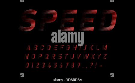 Bold red alphabet and numbers in halftone style with italic slant, evoking motion. Stock Vector