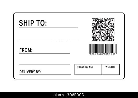 Minimal black and white parcel label template featuring QR code, barcode, and address form. Stock Vector