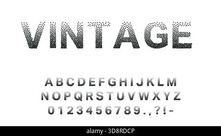 Retro-styled alphabet and number set designed with irregular black dot shading for vintage effect. Stock Vector