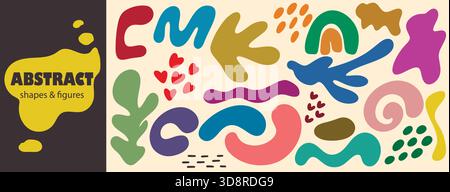 Colorful abstract shapes and figures. Set of various shapeless spots for modern design. Clip art of hand drawn elements, vector graphics Stock Vector