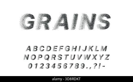 Rough black dot typeface with scattered grainy texture, includes full alphabet and numbers. Stock Vector