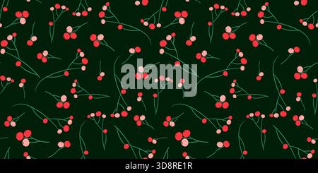 Winter vector seamless pattern with red berries on dark background for Christmas banners Stock Vector