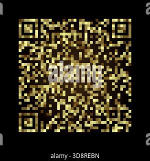 Luxurious golden QR code rendered in pixel style with radiant glow on black backdrop. Stock Vector