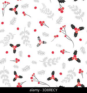 Elegant black, red and gray vector seamless pattern with berries and pine branches for Christmas and winter designs and backgrounds Stock Vector