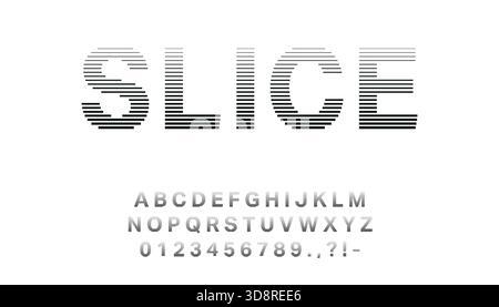 Creative sliced typeface made with horizontal black lines forming letters and numbers on white. Stock Vector
