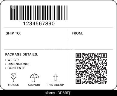 Modern shipping label design includes barcode, QR code, handling icons, and package details. Stock Vector