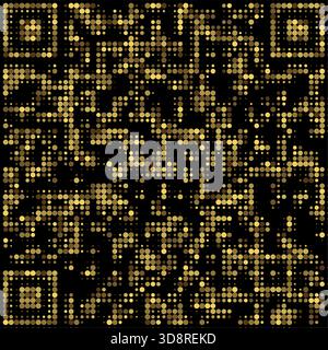 Stylized gold QR code design using bright round dots on a black background for luxury effect. Stock Vector
