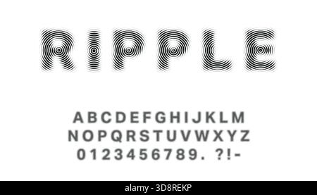 Unique black ripple-style typeface using concentric curves to form letters and numbers. Stock Vector