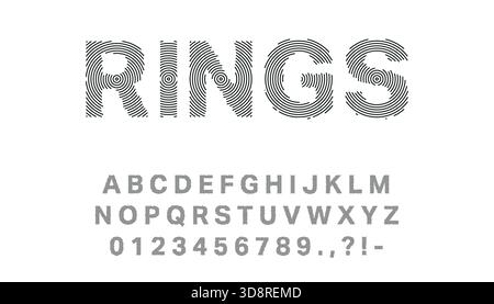Creative alphabet and number set formed by black circular line patterns on white background. Stock Vector
