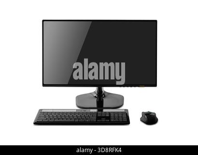 An isolated, modern, black desktop computer monitor, keyboard, and mouse are positioned centrally on a pure white background Stock Photo