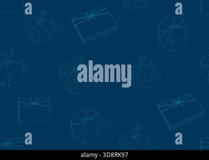 Seamless pattern with linear 3d gift boxes illustrations, blue backdrop with light thin line, festive wrapping. square, heart, flat boxes shape. Stock Vector